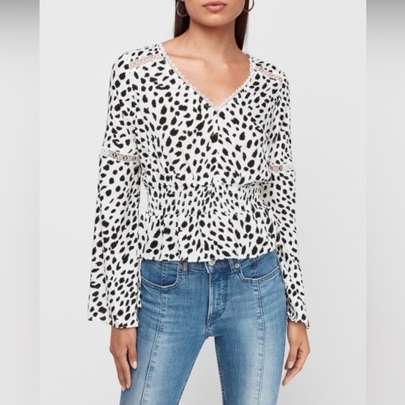 Express Spotted Jacquard Lace Inset  Bell Sleeve Peplum Top - Picture 1 of 9
